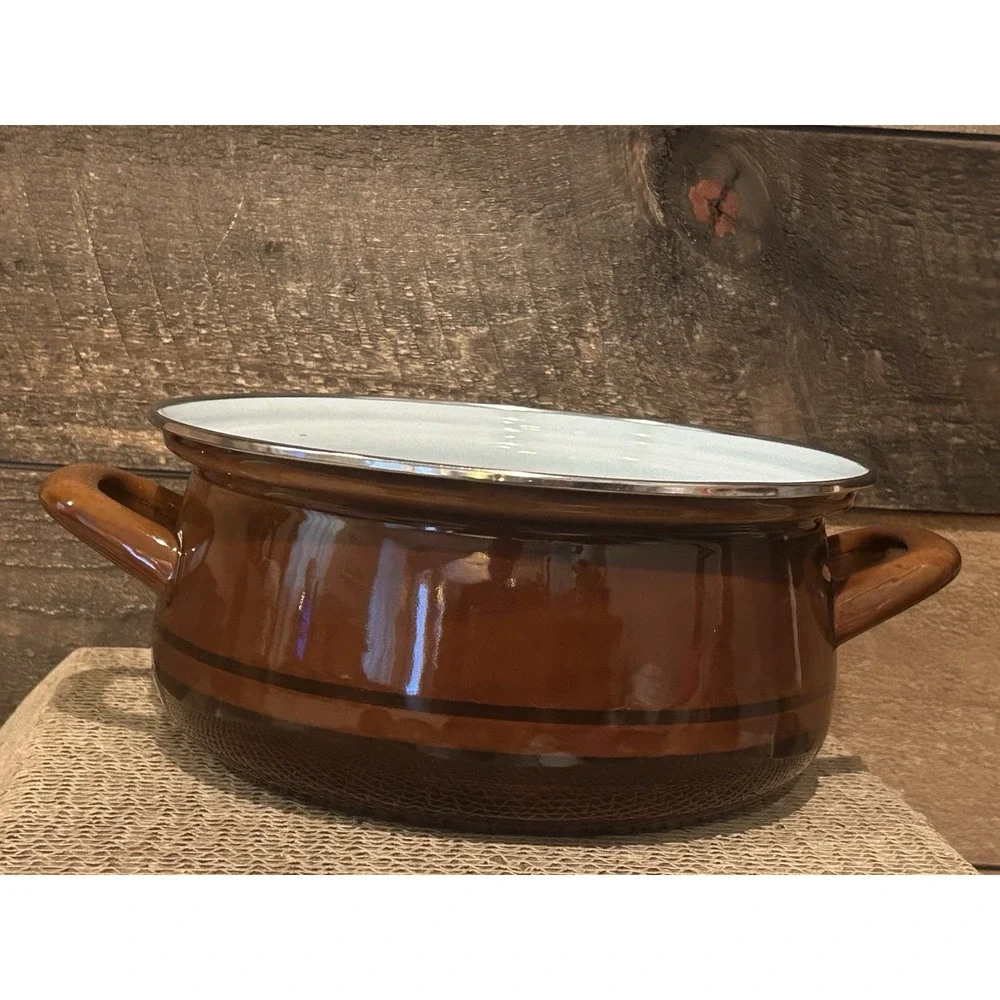 Vtg 70's SCANDIA West Bend Brown Enamel Steel Striped Yugoslavia‎ READ